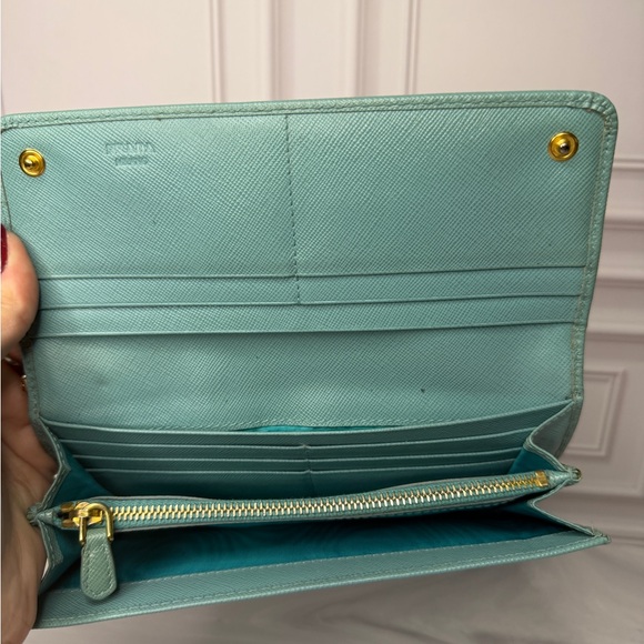 Prada Saffiano Leather Long Wallet – Turquoise | Gold Logo - Picture 8 of 11
